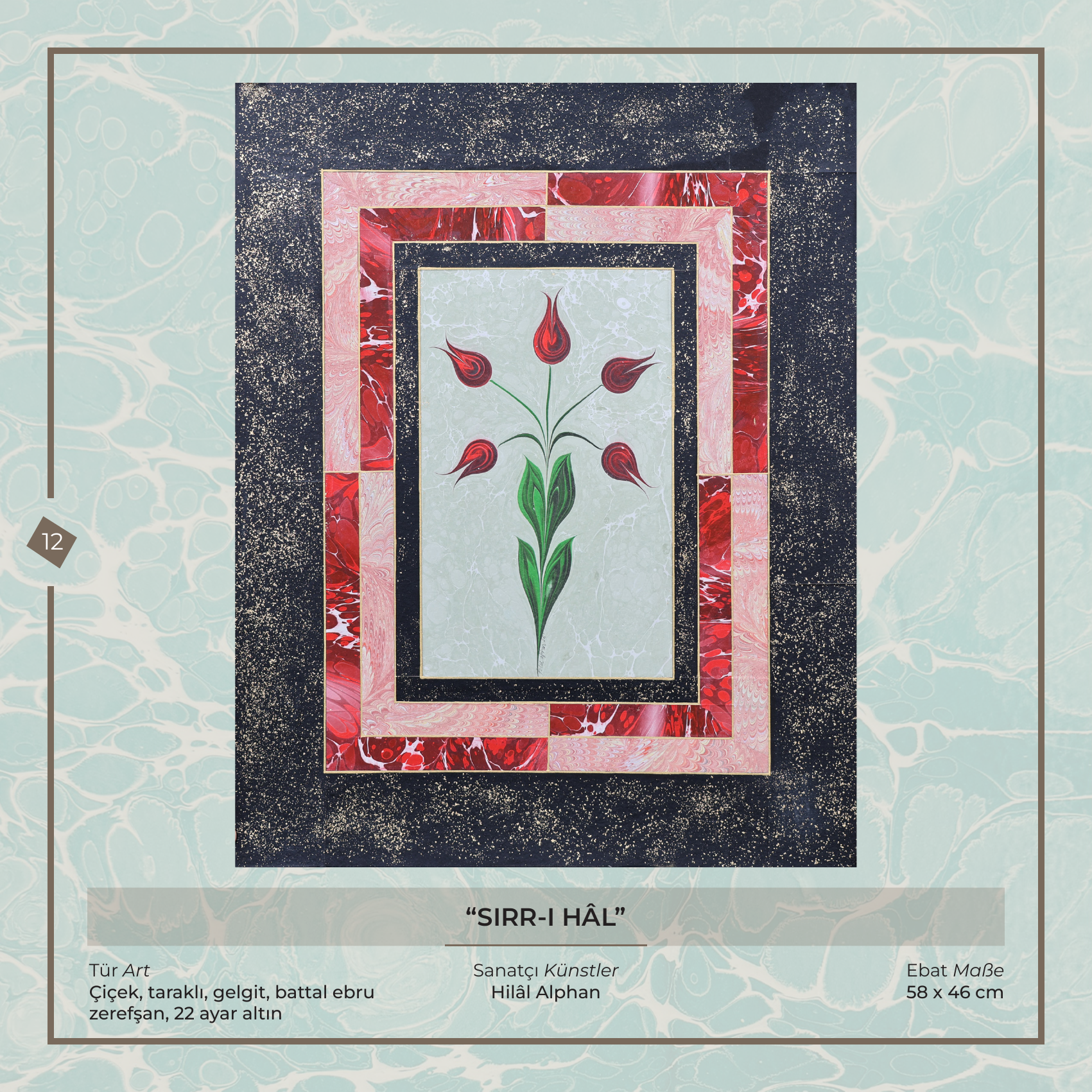 Sırr-ı Hâl - Hilâl Alphan - Ebru sanatı eseri, Çiçek, taraklı, gelgit, battal ebru zerefşan, 22 ayar altın, 58 × 46 cm