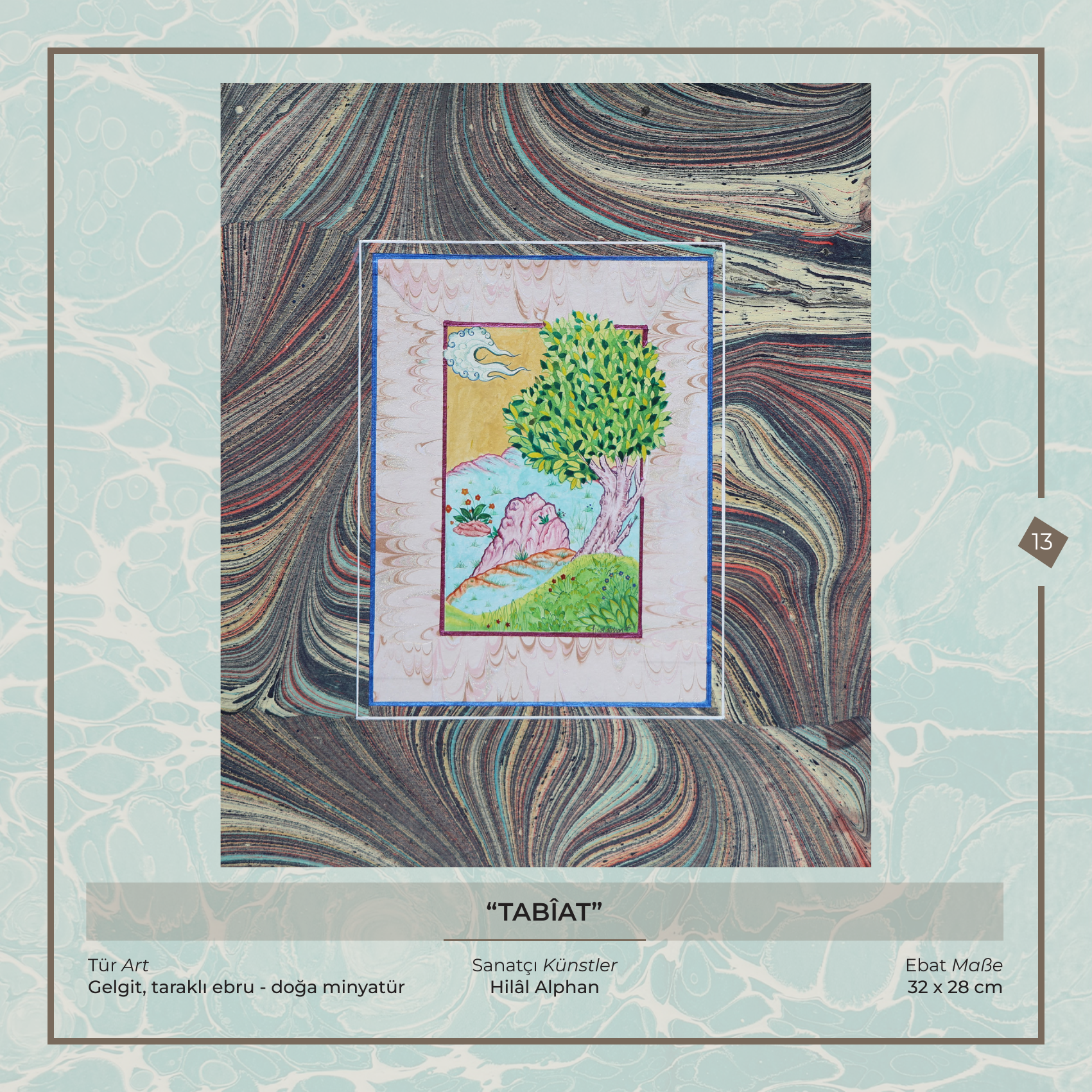 Tabîat - Hilâl Alphan - Ebru sanatı eseri, Gelgit, taraklı ebru - doğa minyatür, 32 × 28 cm
