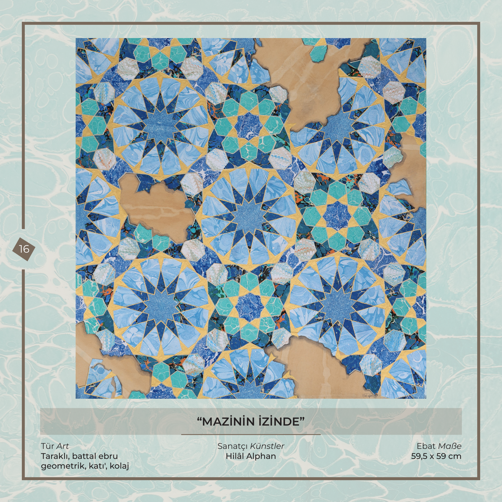 Mazinin İzinde - Hilâl Alphan - Ebru sanatı eseri, Taraklı, battal ebru - geometrik, katı', kolaj, 59,5 × 59 cm