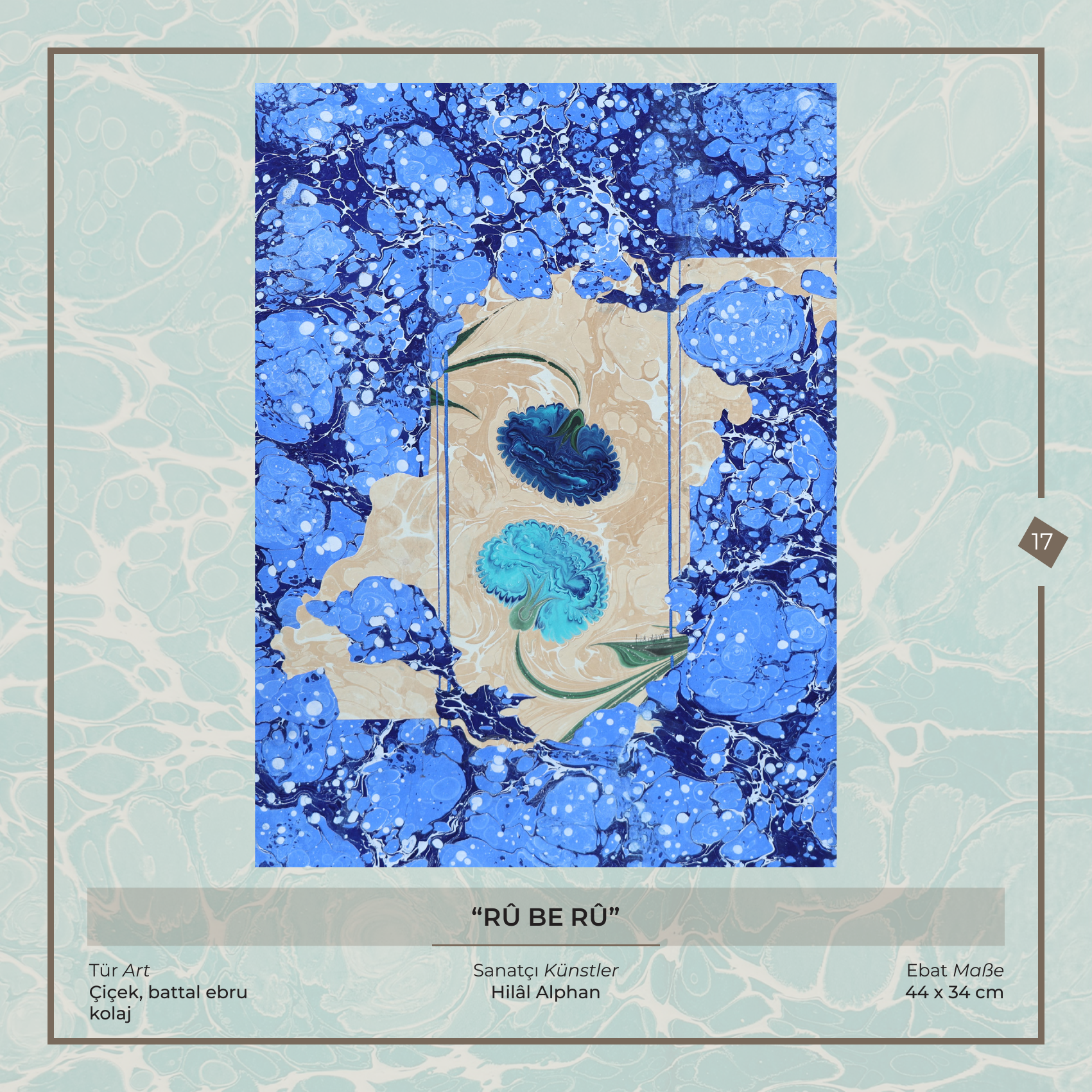 Rû be Rû - Hilâl Alphan - Ebru sanatı eseri, Çiçek, battal ebru - kolaj, 44 × 34 cm