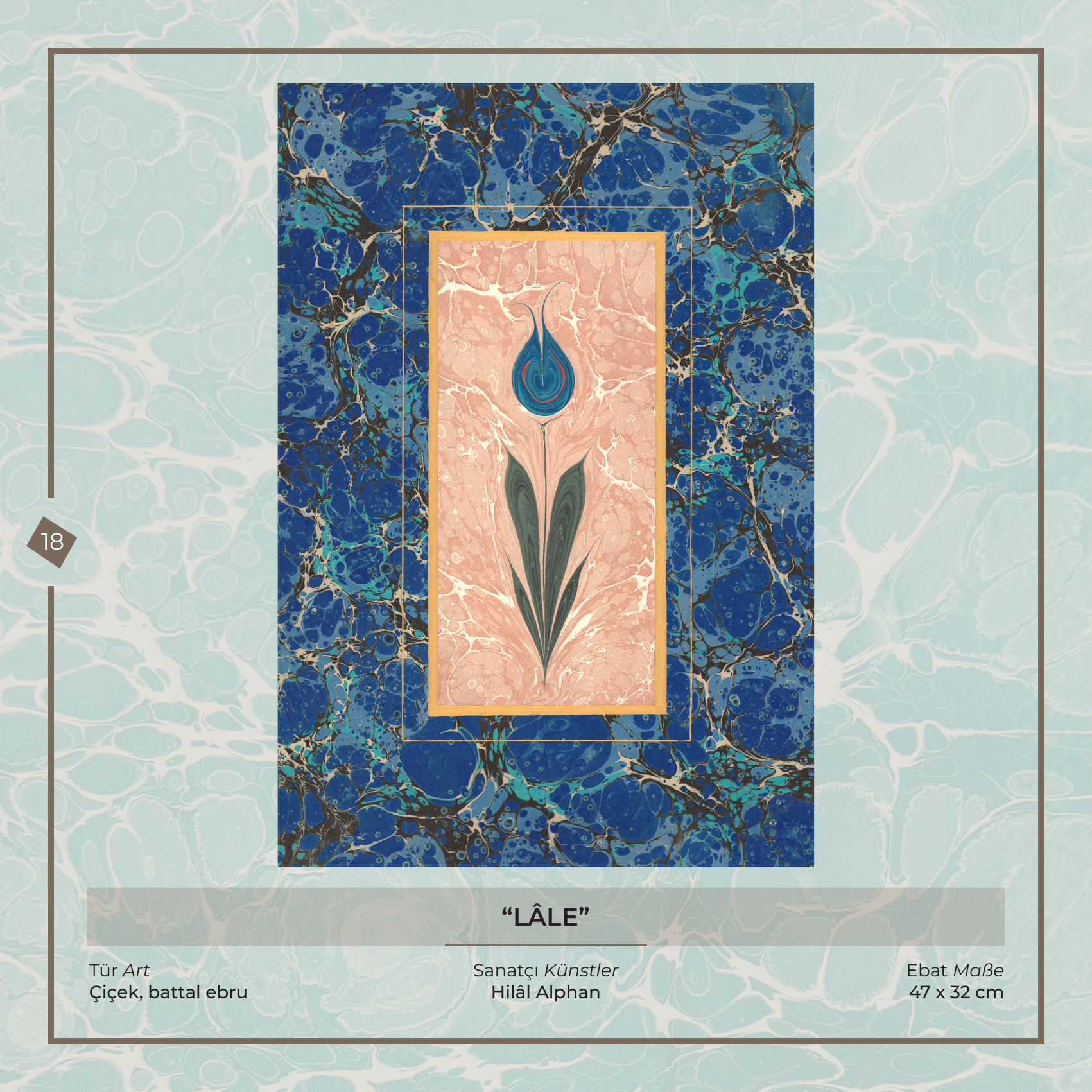 Lale - Hilâl Alphan - Ebru sanatı eseri, Çiçek, battal ebru, 47 × 32 cm