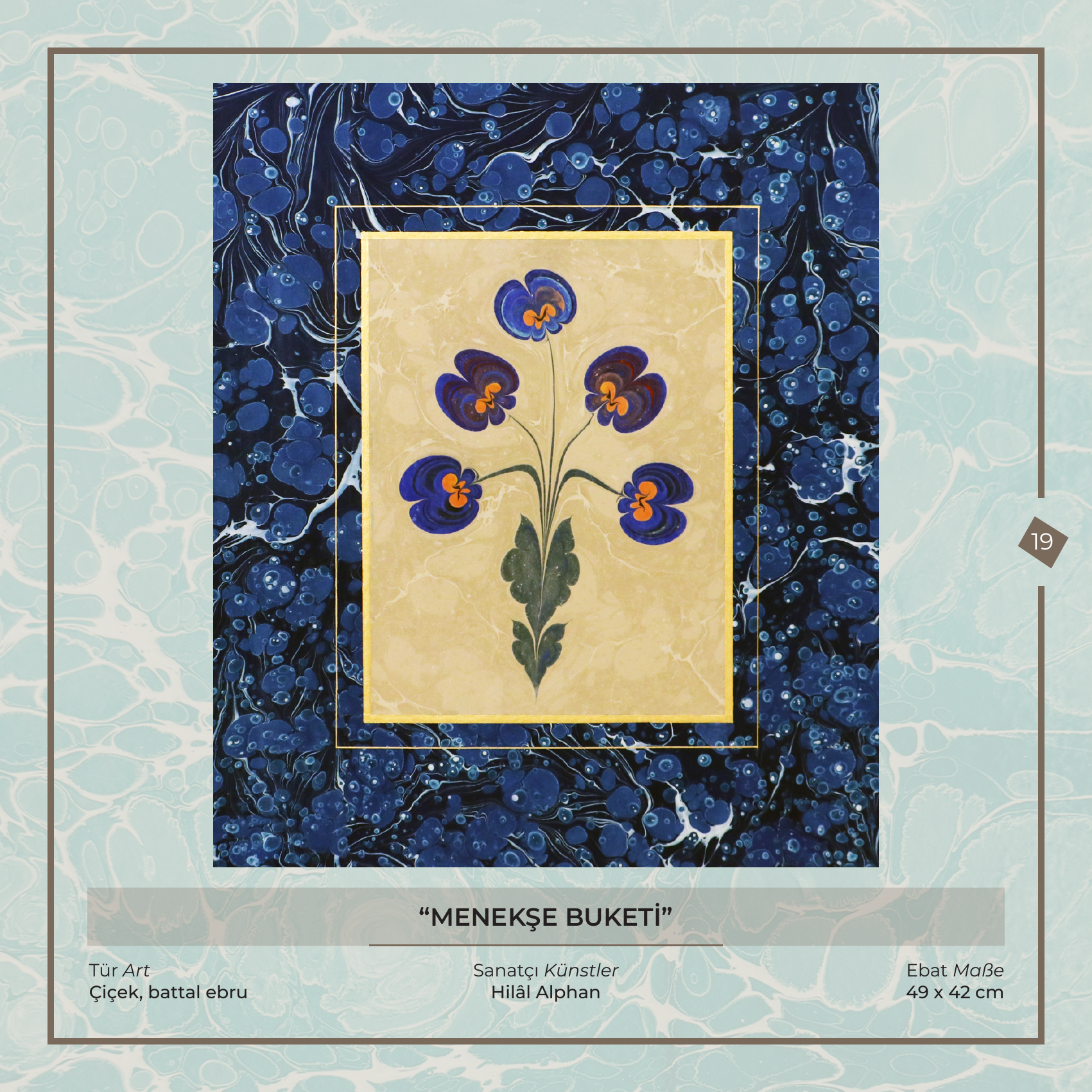 Menekşe Buketi - Hilâl Alphan - Ebru sanatı eseri, Çiçek, battal ebru, 49 × 42 cm