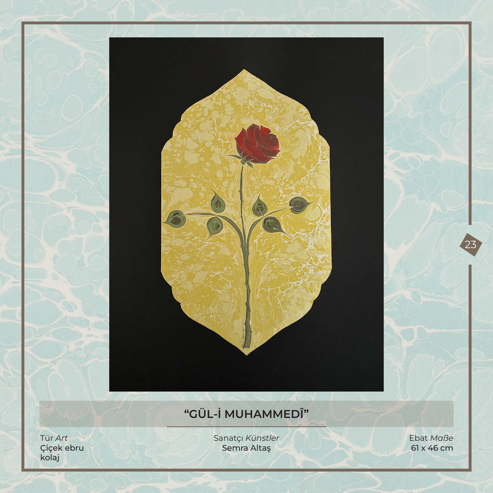 Gül-i Muhammedî - Semra Altaş - Ebru sanatı eseri, Çiçek ebru - kolaj, 61 × 46 cm