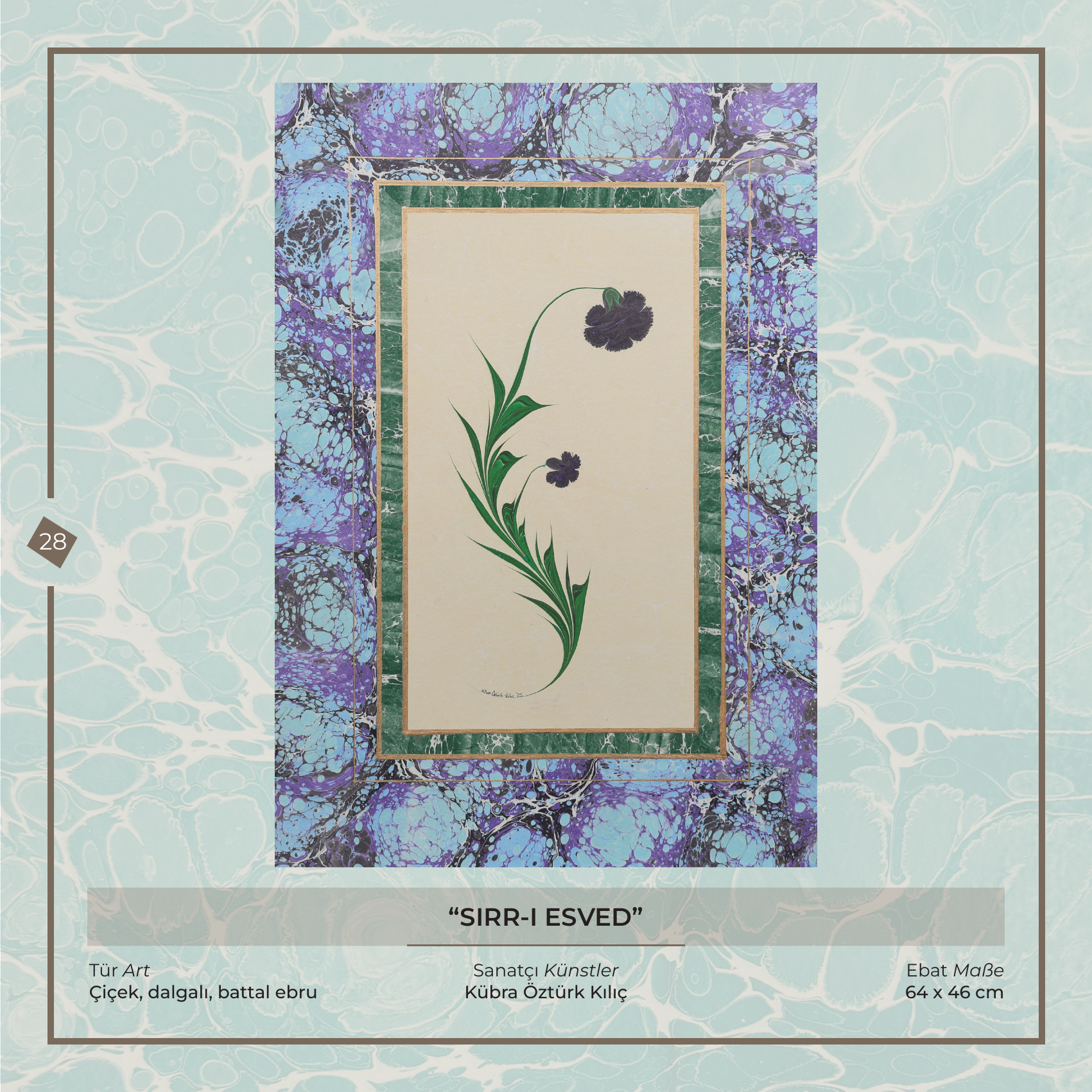 Sırr-ı Esved - Kübra Öztürk Kılıç - Ebru sanatı eseri, Çiçek, dalgalı, battal ebru, 64 × 46 cm