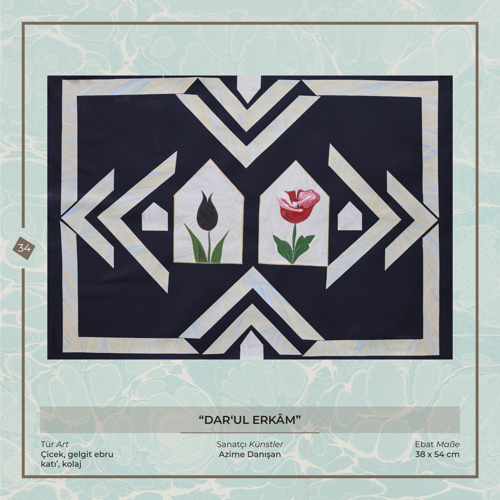 Darü’l-Erkam - Azime Danışan - Ebru sanatı eseri, Çiçek, gelgit ebru - katı', kolaj, 38 × 54 cm