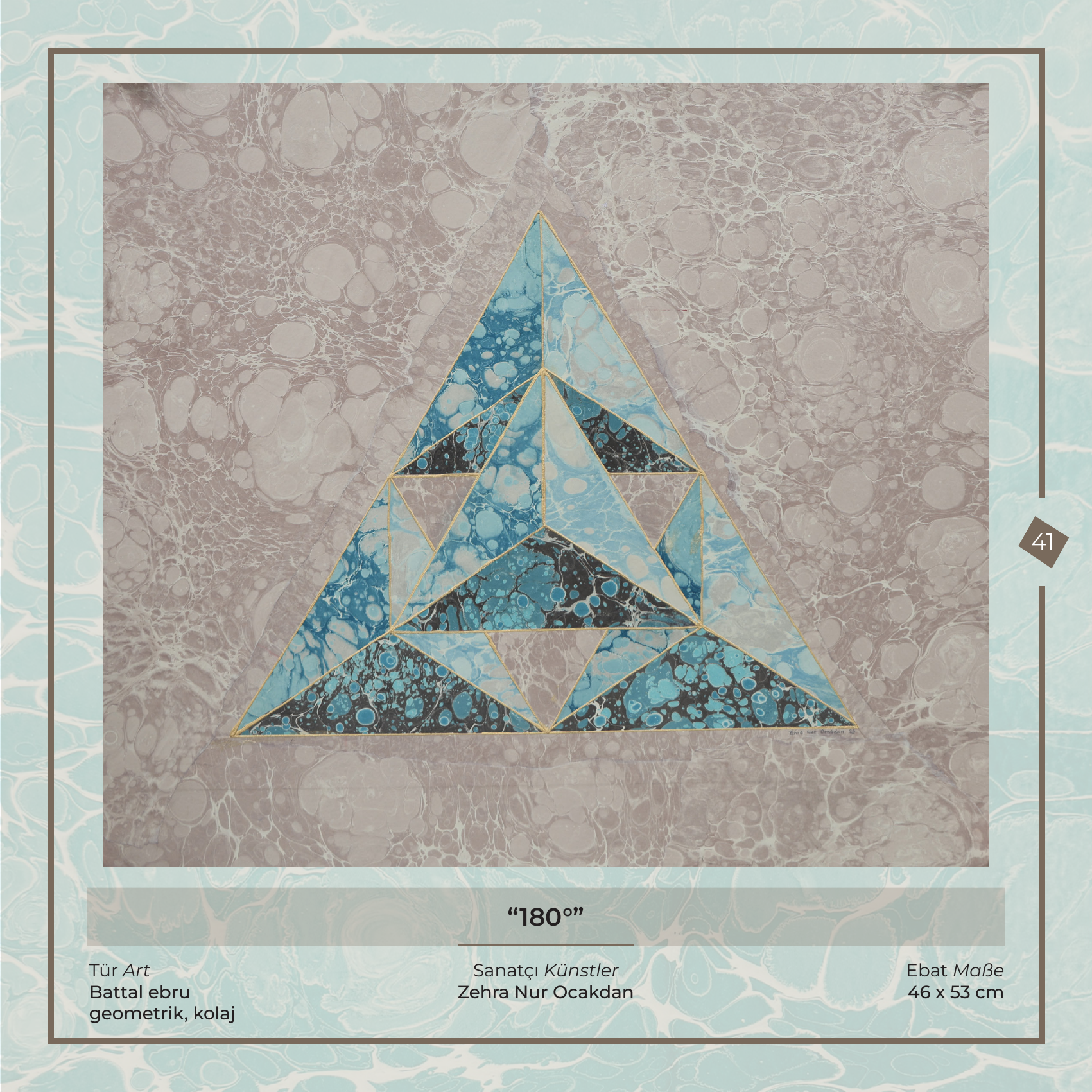 180° - Zehra Nur Ocakdan - Ebru sanatı eseri, Battal ebru - geometrik, kolaj, 46 × 53 cm