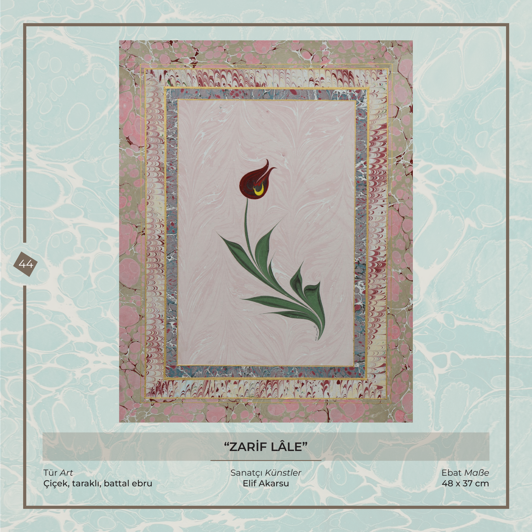 Zarif Lâle - Elif Akarsu - Ebru sanatı eseri, Çiçek, taraklı, battal ebru, 48 × 37 cm