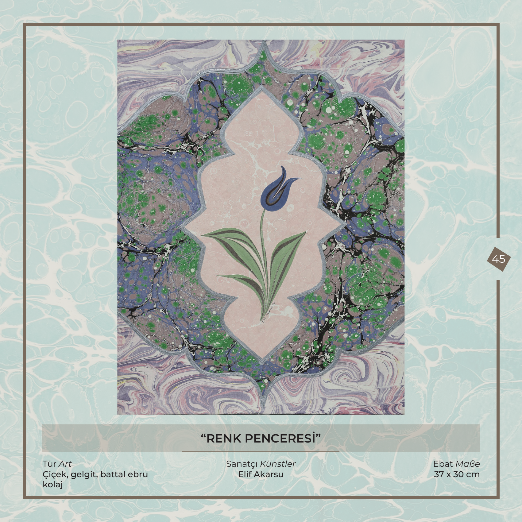 Renk Penceresi - Elif Akarsu - Ebru sanatı eseri, Çiçek, gelgit, battal ebru - kolaj, 37 × 30 cm