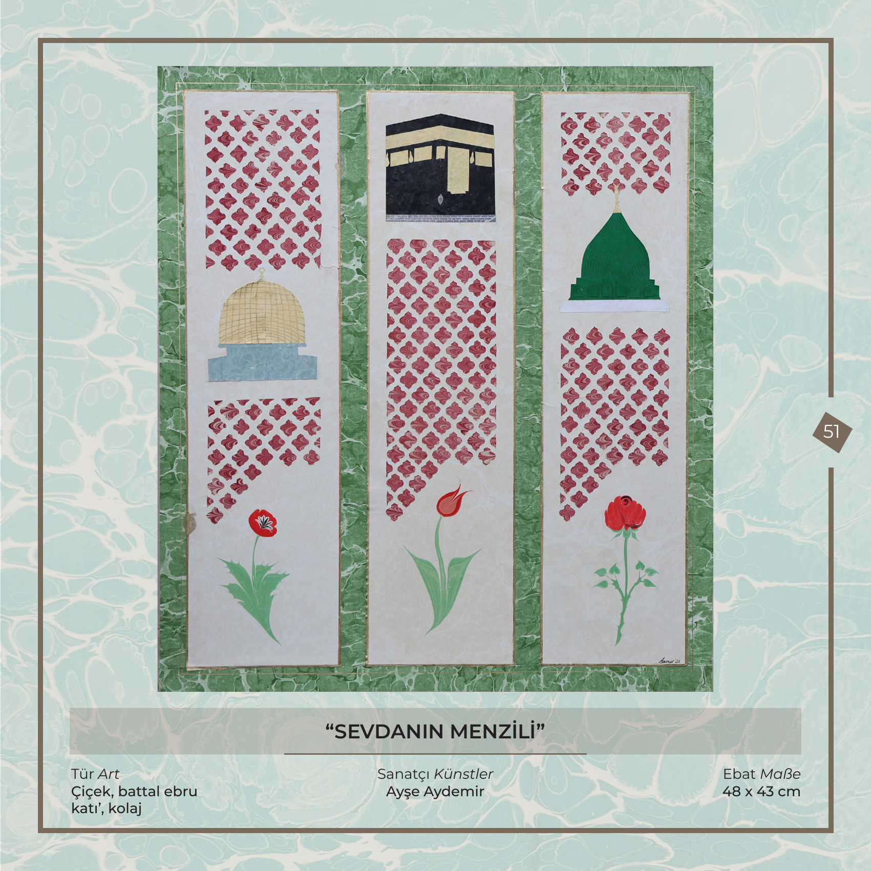 Sevdanın Menzili - Ayşe Aydemir - Ebru sanatı eseri, Çiçek, battal ebru - katı', kolaj, 48 × 43 cm